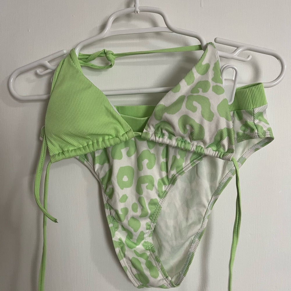 Green and White Leopard Print Bikini